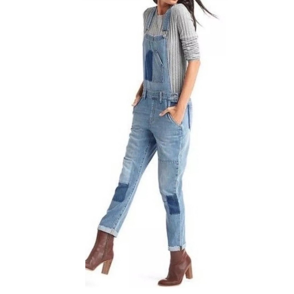 Gap 1969 Denim Overalls Womens Light Wash Patchwork Raw Hem Large Regular